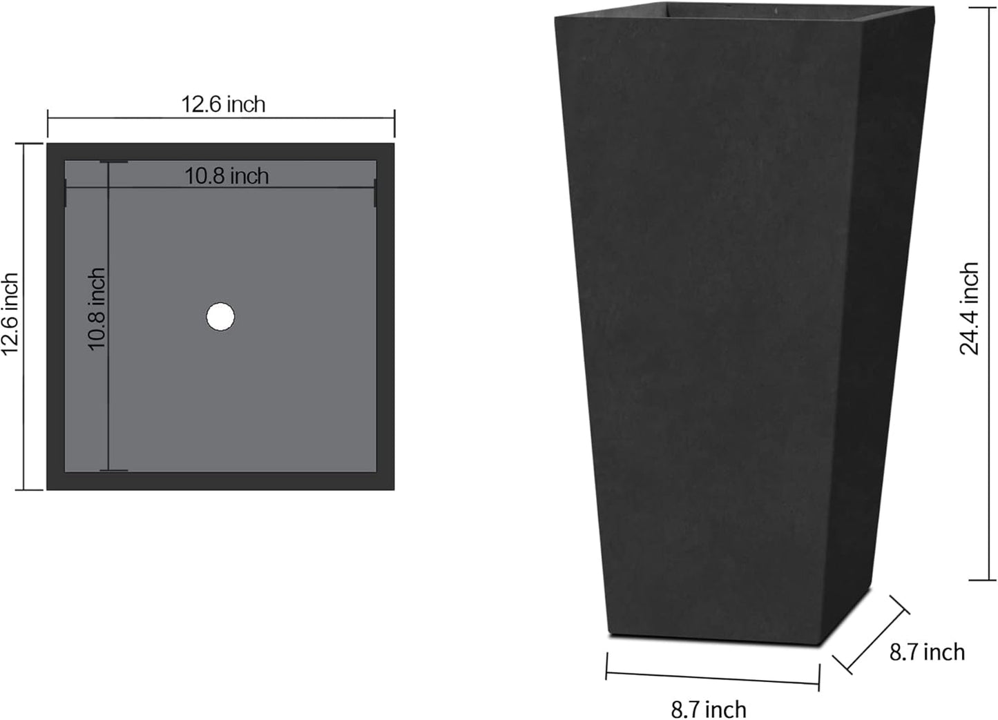 Kante 24.4 Inch Tall Tapered Concrete Planter (Set of 2), Modern Style Large Plant Pot with Drainage Hole and Rubber Plug for Patio, Backyard, Porch, Suitable for Indoor Outdoor Plants, Black