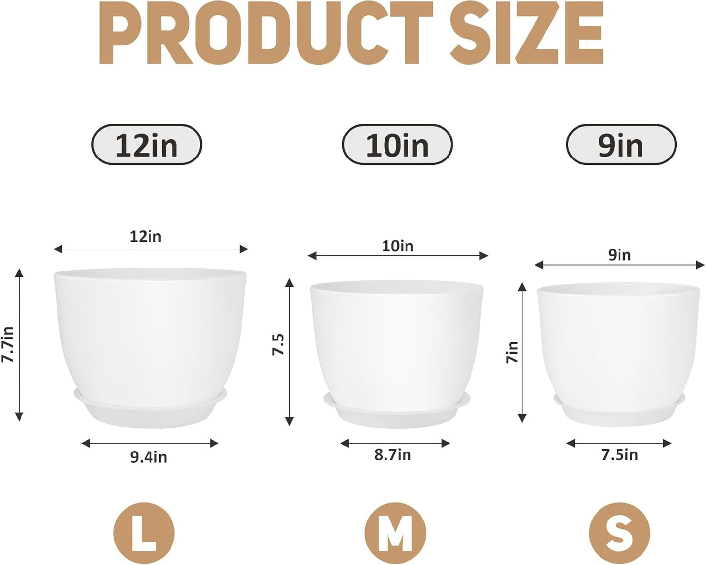 Plant Pots 12/10/9 inch Set of 3, Flower Pots with Multi Mesh Drainage Holes, Large Planters for Indoor Outdoor Garden Plants and Flowers. (White)