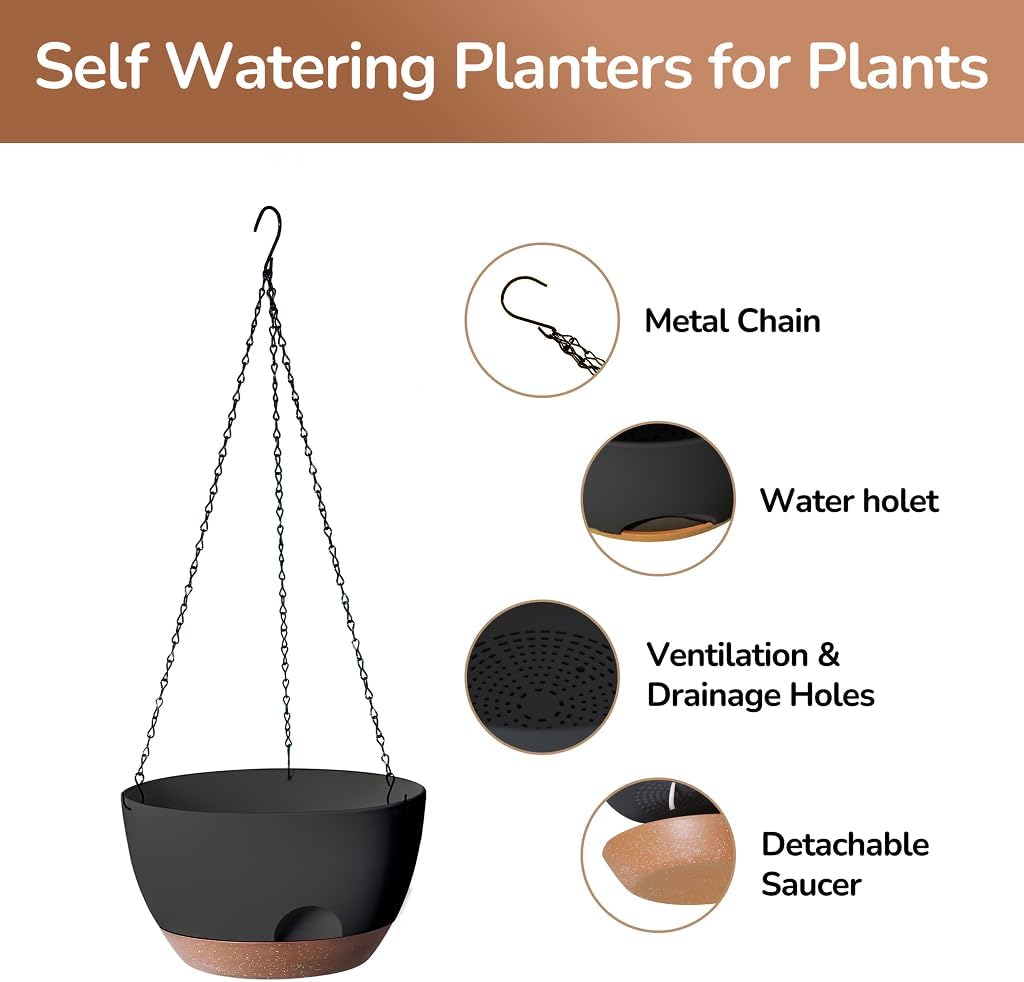 Hanging Planter for Indoor Plants, 10 Inch Self-Watering Hanging Planters with Drainage Holes and Chain, Set of 2 Outdoor Hanging Pots for Garden Home