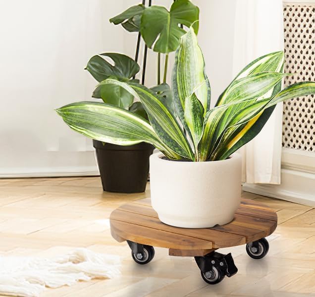 Idzo 16inches Capacity 500lbs Wood Plant Caddy With Wheels Heavy Duty, Acacia Hardwood Plant Dolly, Plant Stand with 360° Lockable Wheels for Plant Pots, Heavy Objects Hauling - Natural Wood