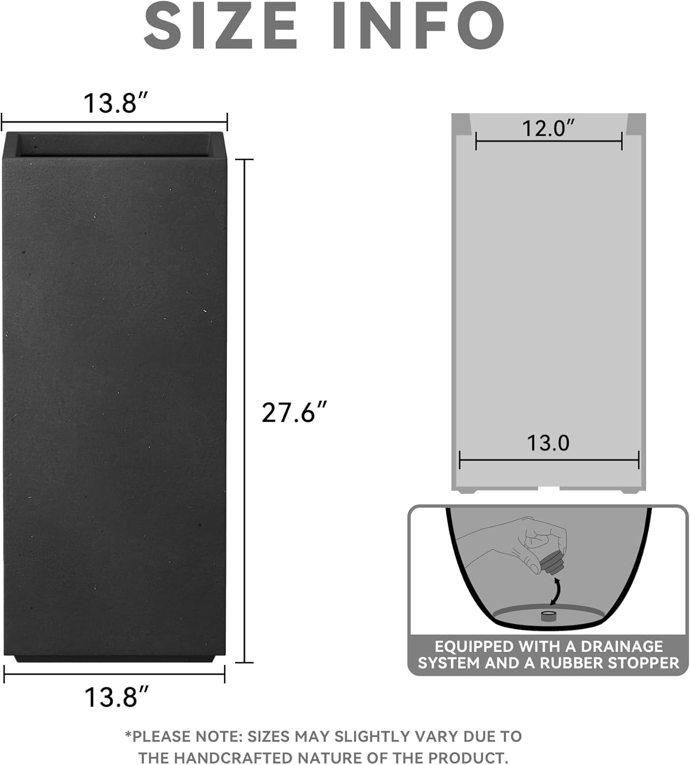 Kante 27.6" H Tall Rectangular Concrete Planter, Modern Square Diameter Plant Pot with Drainage Hole and Rubber Plug for Indoor Outdoor Home Patio Garden, Black