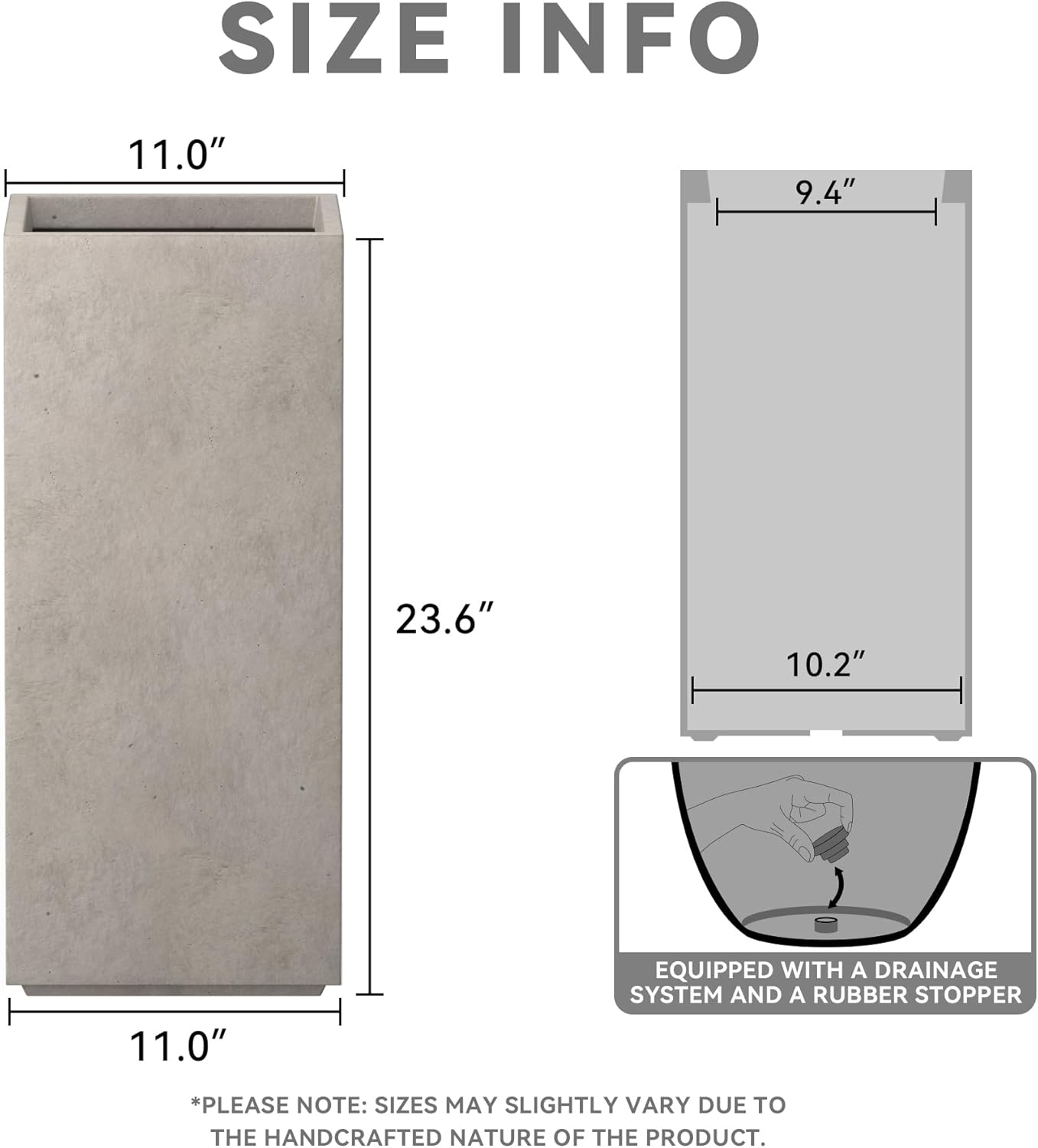 Kante 23.6" H Tall Rectangular Concrete Planter, Modern Design Plant Pot with Drainage Hole and Rubber Plug for Indoor Outdoor Plants, Patio, Garden and Home, Weathered Concrete