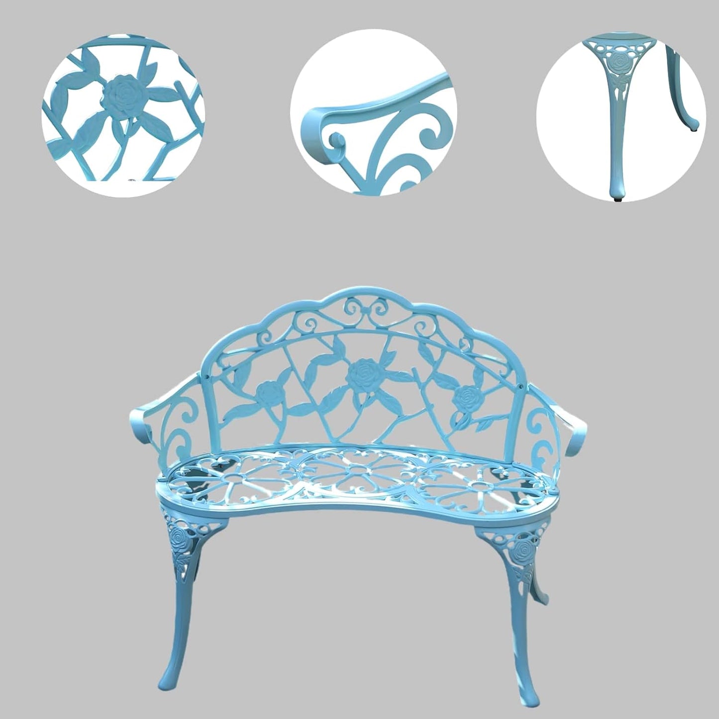 KAILI Garden Bench, Metal Aluminum Rose, Suitable for Garden Porch Park Front Porch Balcony Outdoor (Light Blue)