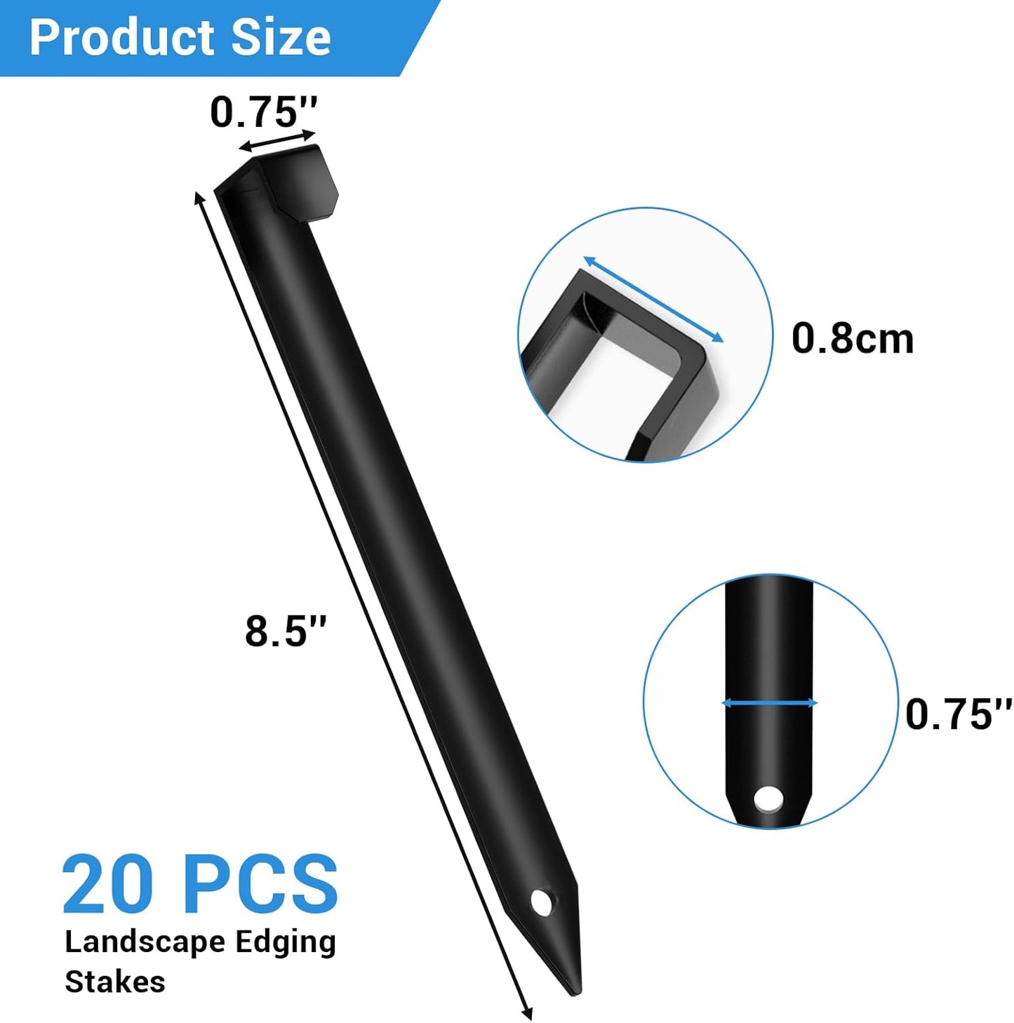 20Pcs Metal Landscape Edging Stakes, 8.5In Garden Stakes Landscape Anchoring Spikes for Terrace Board, Landscape Edging Coil, Grass Barrier, Bender Board, Garden Liner, Black