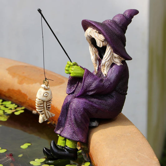 Fishing Witch Statue Funny Halloween Decorations, 4.7 Inch Sitting Witch Figurine Shelf Sitter Resin Sculpture for Outdoor Garden Yard Lawn Pond Waterfalls Pool Ornaments