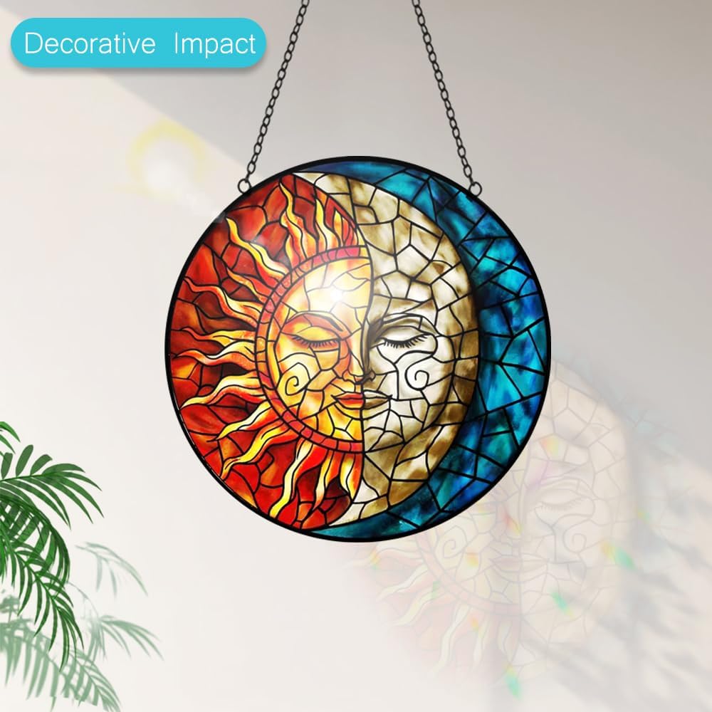 Halloween Decor Sun and Moon Suncatcher Stained Glass Window Hanging Handmade Colorful Suncatchers for Windows Hanging Celestial Sun Catchers Indoor Wall Decor Christmas Decorations for Home Garden