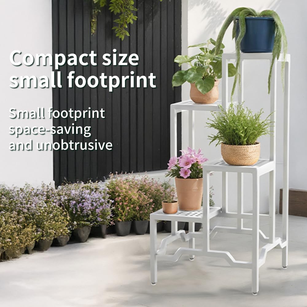 Plant Stand - Aluminum Indoor/Outdoor Flower Rack, Waterproof & Rust-Proof, Stable Support for Pots, Perfect for Living Room, Balcony, Garden, and Office (White, 4 Tier)