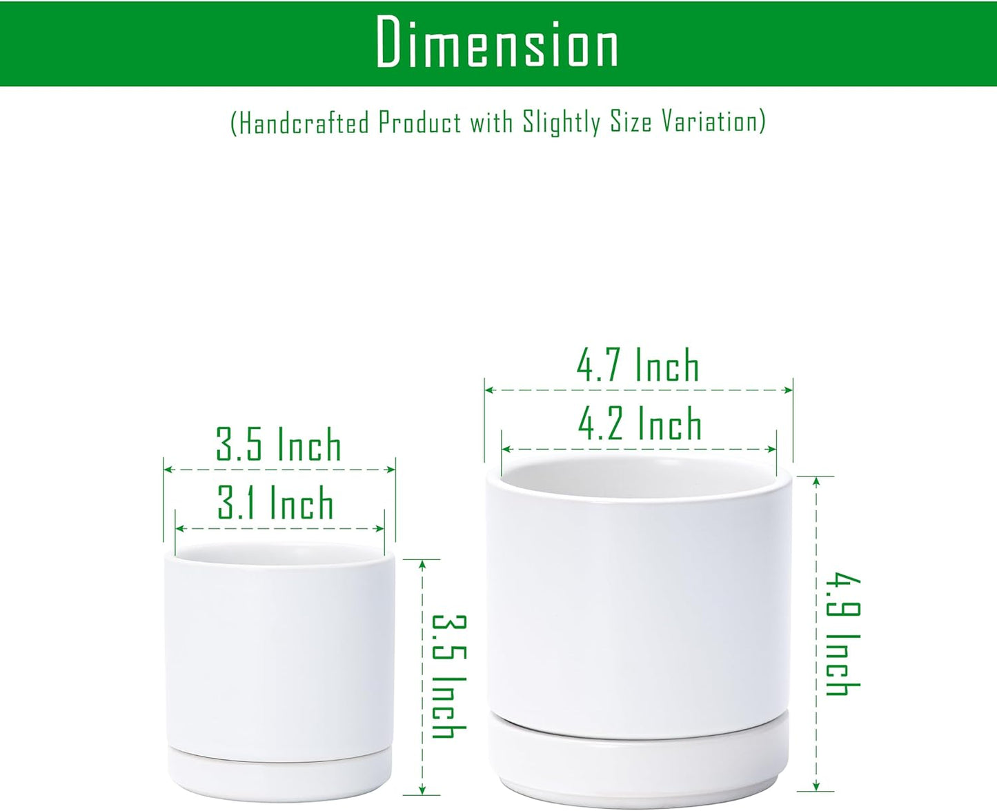 D'vine Dev 3.5 Inch & 4.7 Inch Ceramic Planter Pots for Plants with Drainage Hole and Saucer, X-Small Plant Pots Set, White, 94-G-XS-1