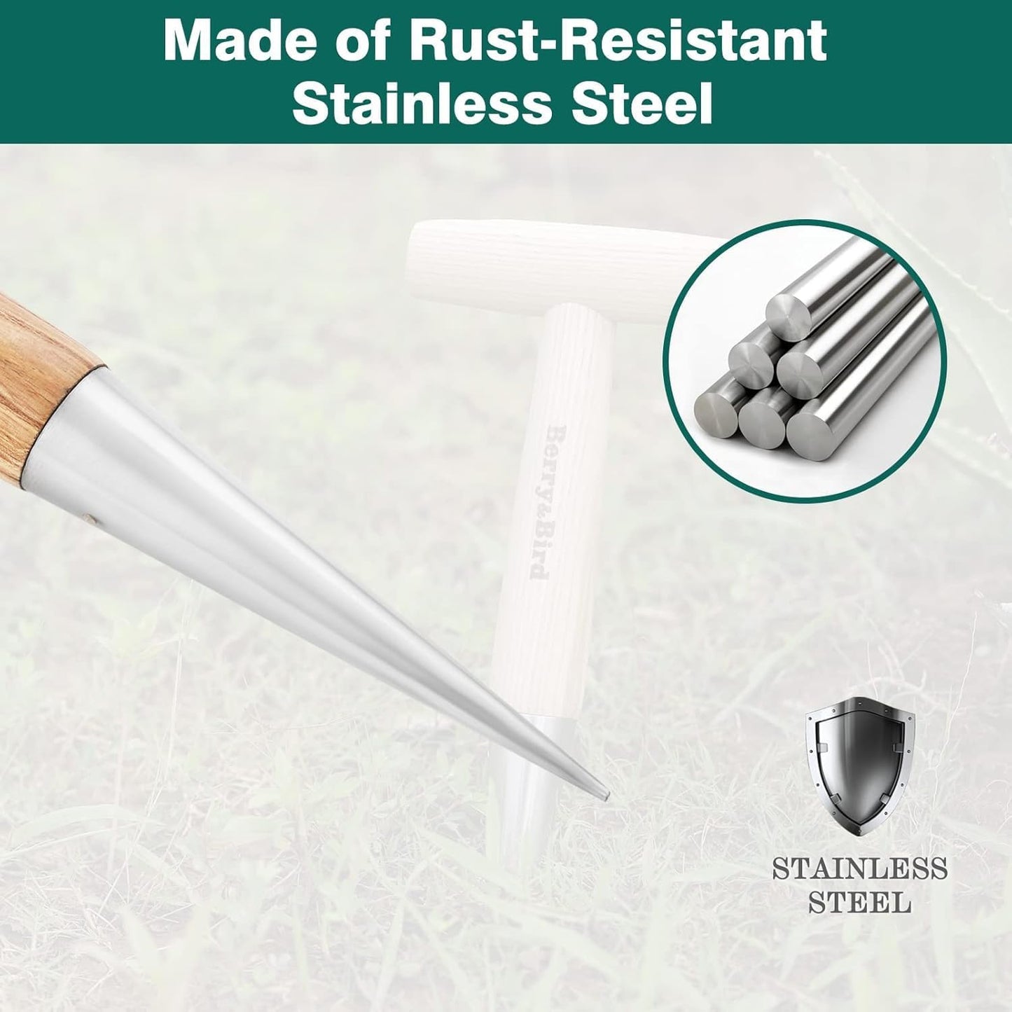 Berry&Bird Hand Dibber, Stainless Steel Sow Dibbler with Wood Handle, Garden Hole Punch Dibbler Tool for Planting Seeds & Bulbs, Hand Held Bulb Planter for Planting Flowers Tulips, Daffodils, Dahlias