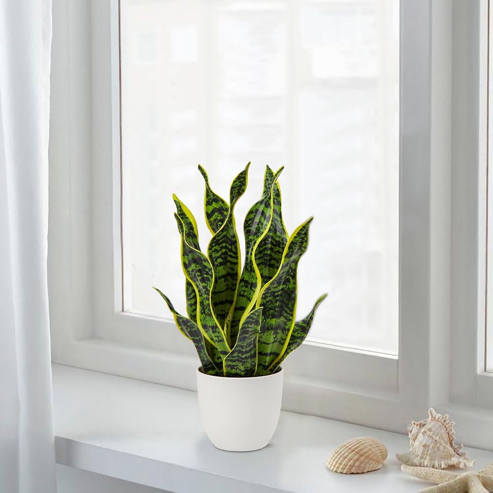 Hollyone Artificial Snake Plant Potted Faux Sansevieria Trifasciata Plants, 16.5" Tropical Fake Snake Plants in White Pots for Home Office Room Indoor Decor Housewarming Gifts
