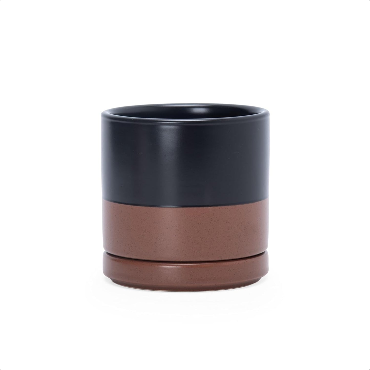 D'vine Dev 3.5 Inch Ceramic Planter Pot with Drainage Hole and Saucer, Indoor Cylinder Round Planter Pot, Black/Speckled Tan, 94-O-A-7