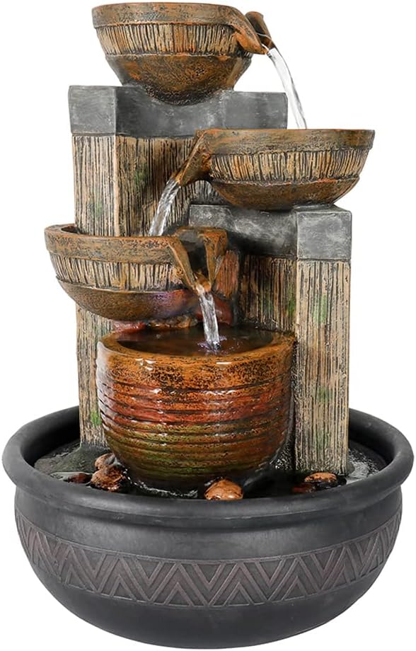 15.7''H 4-Tier Relaxation Indoor Tabletop Waterfall Fountain with LED Lights Desktop Fountains Calming Sound for Home Office Bedroom Decor (Brown, 15.7inch)