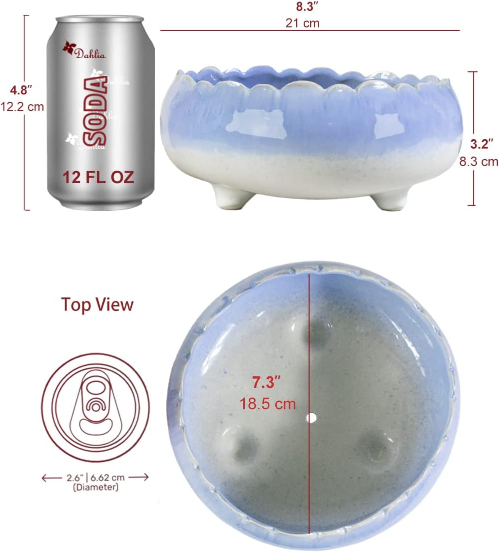 Dahlia 8.3'' Inch Large/Shallow/Wide Drip Glazed Ceramic Planter/Succulent Pot/Plant Pot, Blue