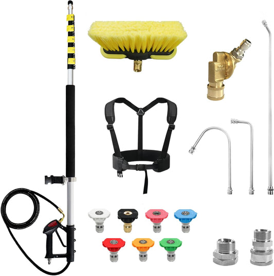RAYNEL 25FT Telescoping Pressure Washer Extension Wand with Brush Head,2 Power Washer Extension Wands, Gutter Cleaner Attachment,7 Spray Nozzle Tips,Support Belt and 2 Hose Adapters