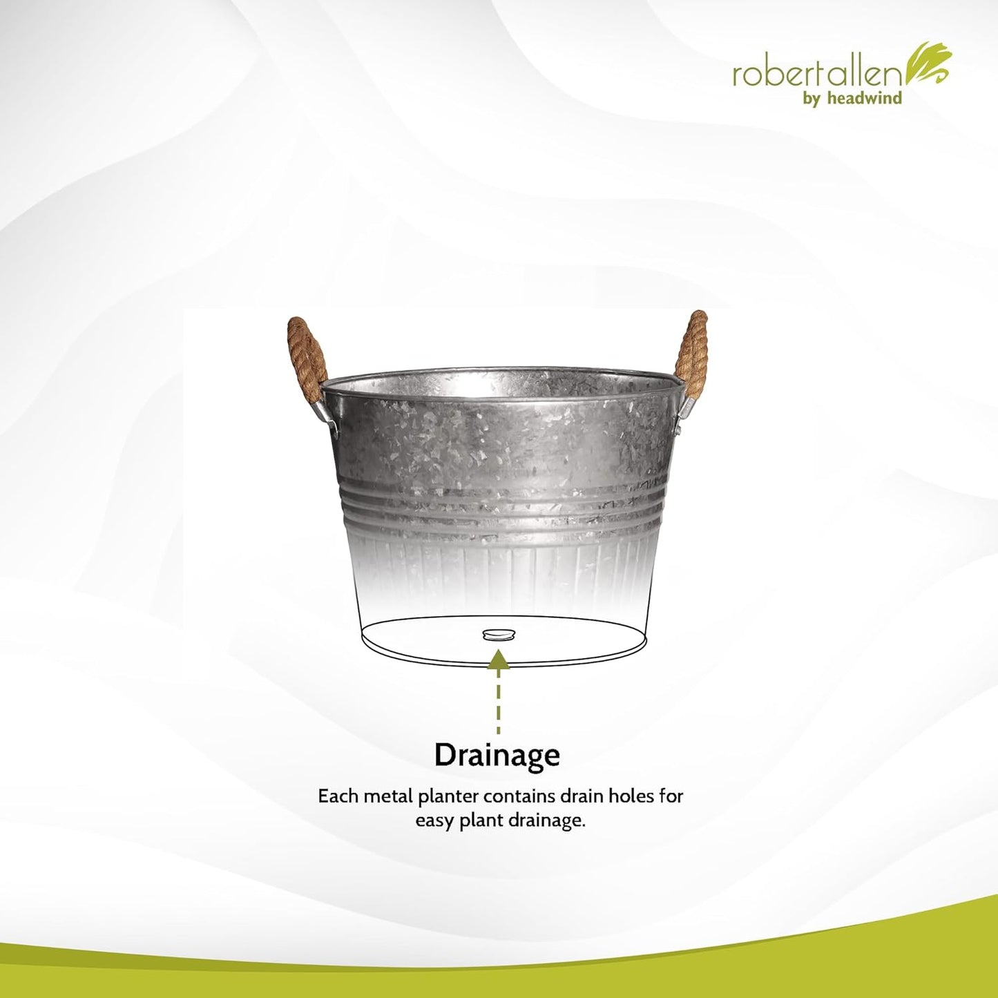 Headwind Round Galvanized Bucket w/Rope Handles – 12 Inch Metal Tub Bucket Planter for Outdoor Plants with Drainage Hole – Galvanized Large Outdoor Planters Buckets by Robert Allen