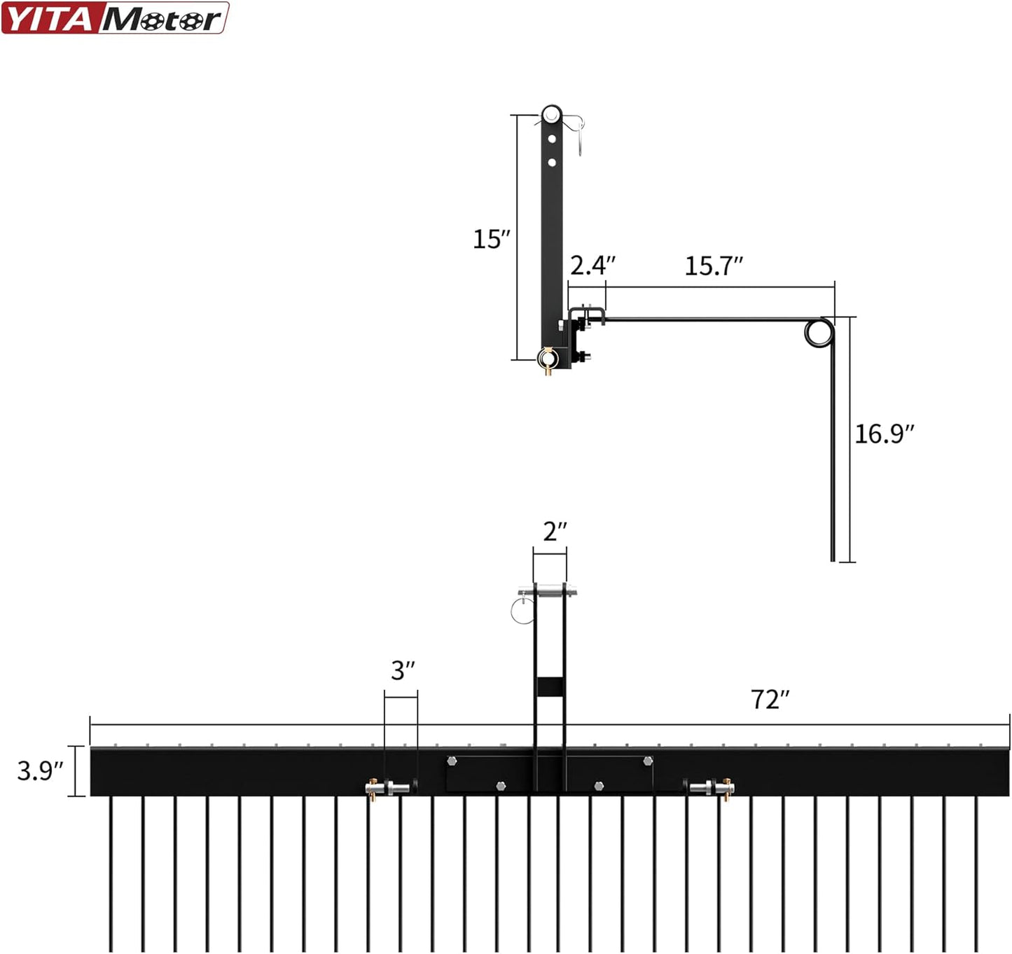 YITAMOTOR 72 Inch Durable Powder Coated Steel Pine Straw Rake Steel Spring Landscape Rake Attaches to Cat 0 Cat 1，3 Point Hitch for Tractor, Black Grey