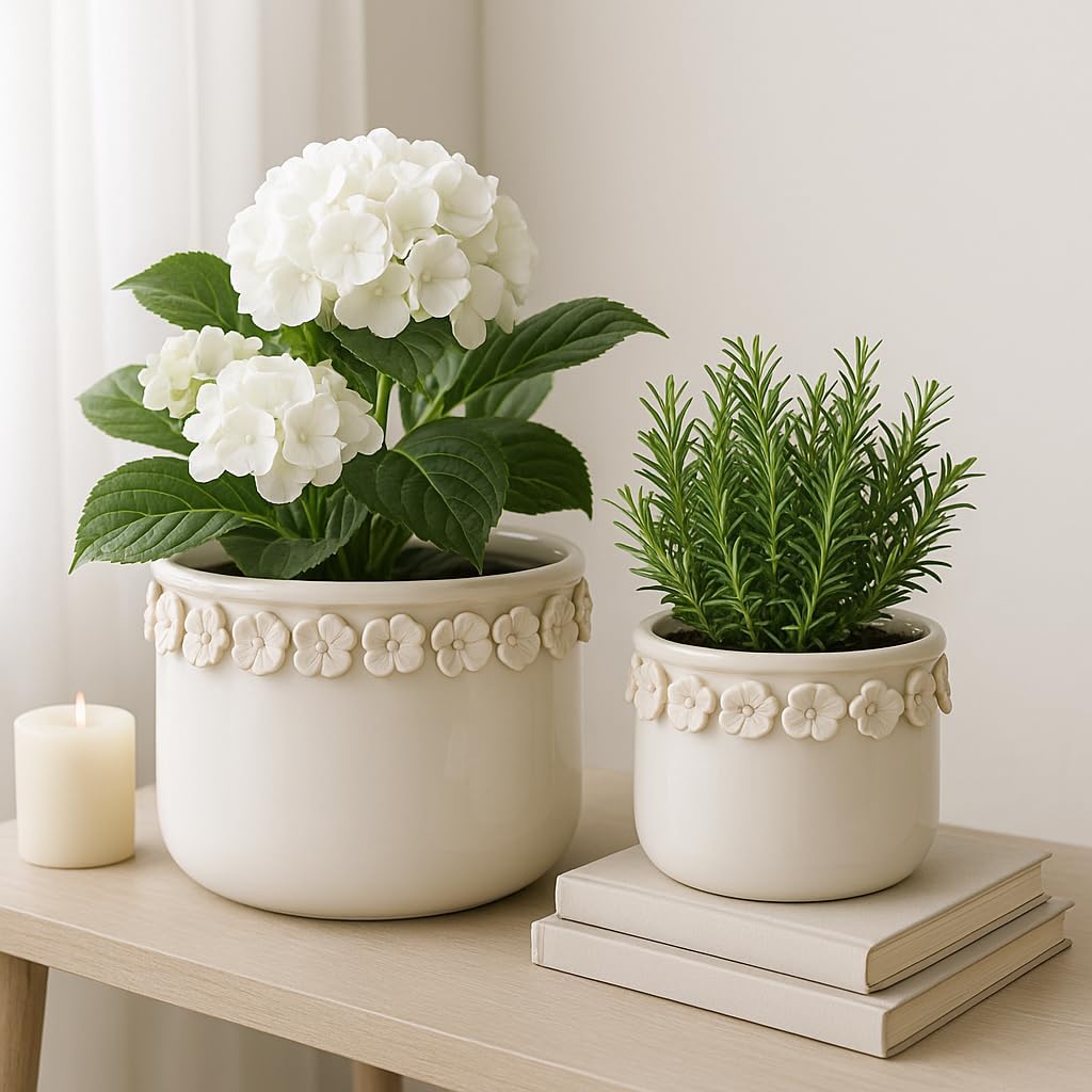 Decorative Flower Pot for Home Decor – Ceramic Indoor or Outdoor Planter with Sculpted Floral for Succulents or Houseplants – Pot for Plants for Garden, Patio, or Room Decor; Set of 2 – 7", 6" Ivory