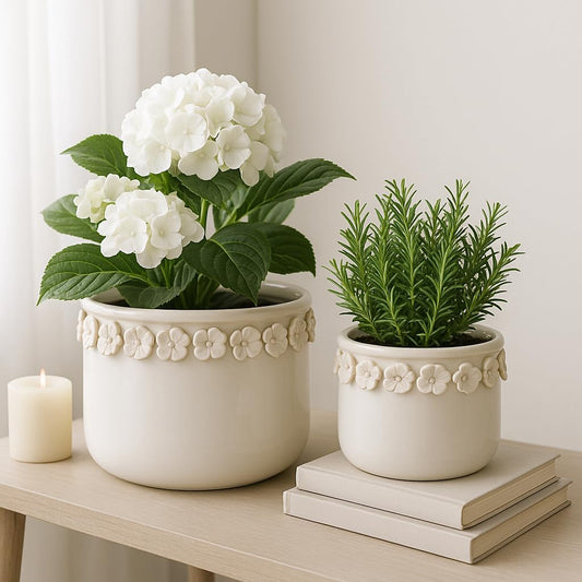 Decorative Flower Pot for Home Decor – Ceramic Indoor or Outdoor Planter with Sculpted Floral for Succulents or Houseplants – Pot for Plants for Garden, Patio, or Room Decor; Set of 2 – 7", 6" Ivory