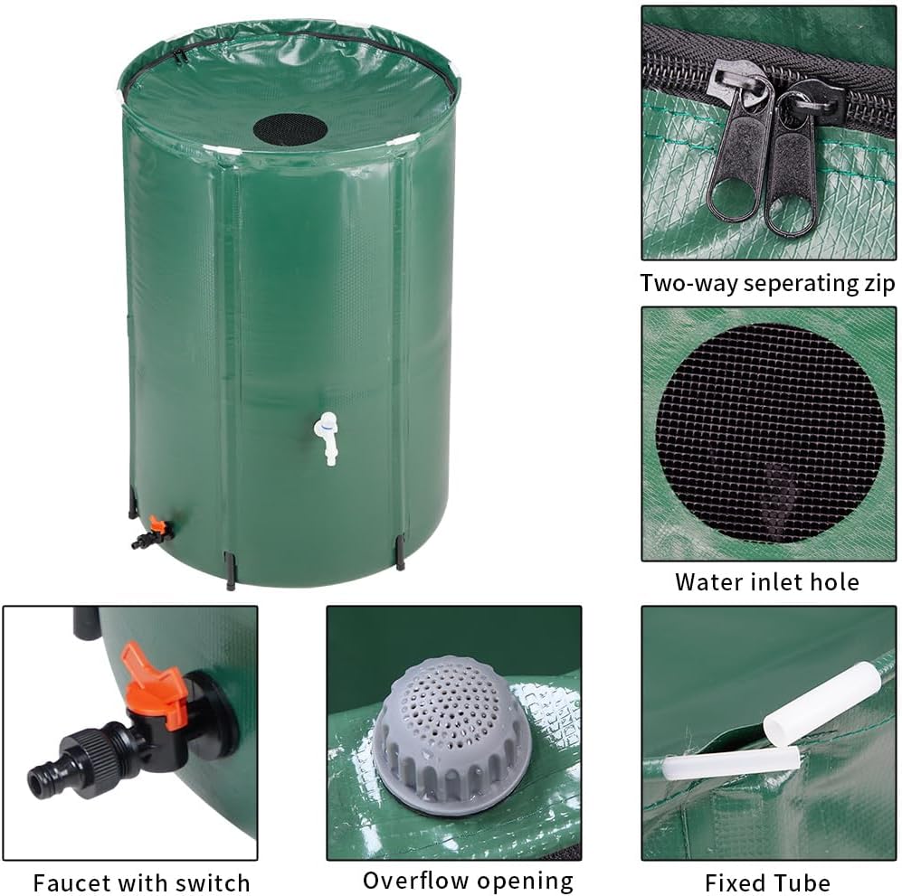 Collapsible Rain Barrel, 100 Gallon Portable Rainwater Collection System, Water Storage Tank, Rain Catcher Barrel with Two Spigots and Overflow Kit, Rain Water Barrel Collector for Garden, Green