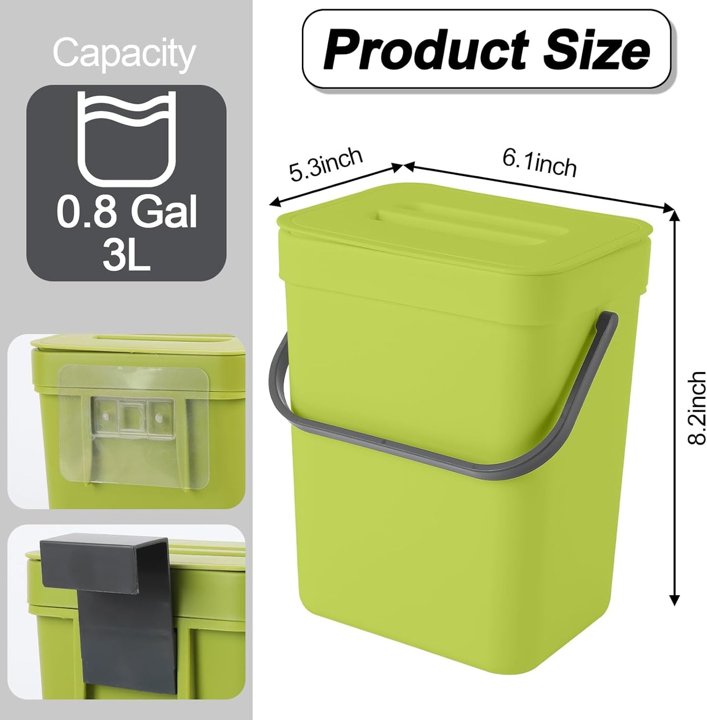 Compost Bin Kitchen, for use on Countertops or Under Sinks, Hanging Trash Can with Lid, for Cupboard/Bathroom/Bedroom/Office/Camping, Mountable Indoor Compost Bucket(Green 0.8 Gallon/3L)