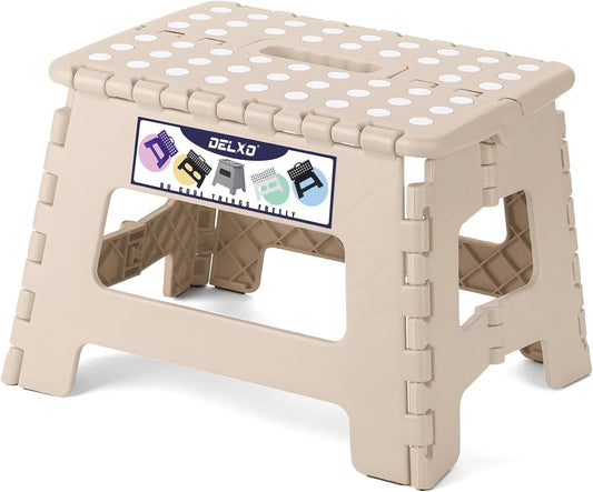 Delxo Folding Step Stool,9 Inch Lightweight Plastic Stepstool,Portable Collapsible Foldable Step Stool Non Slip Folding Stools for Kitchen Bathroom Bedroom in Khaki,1 Pack