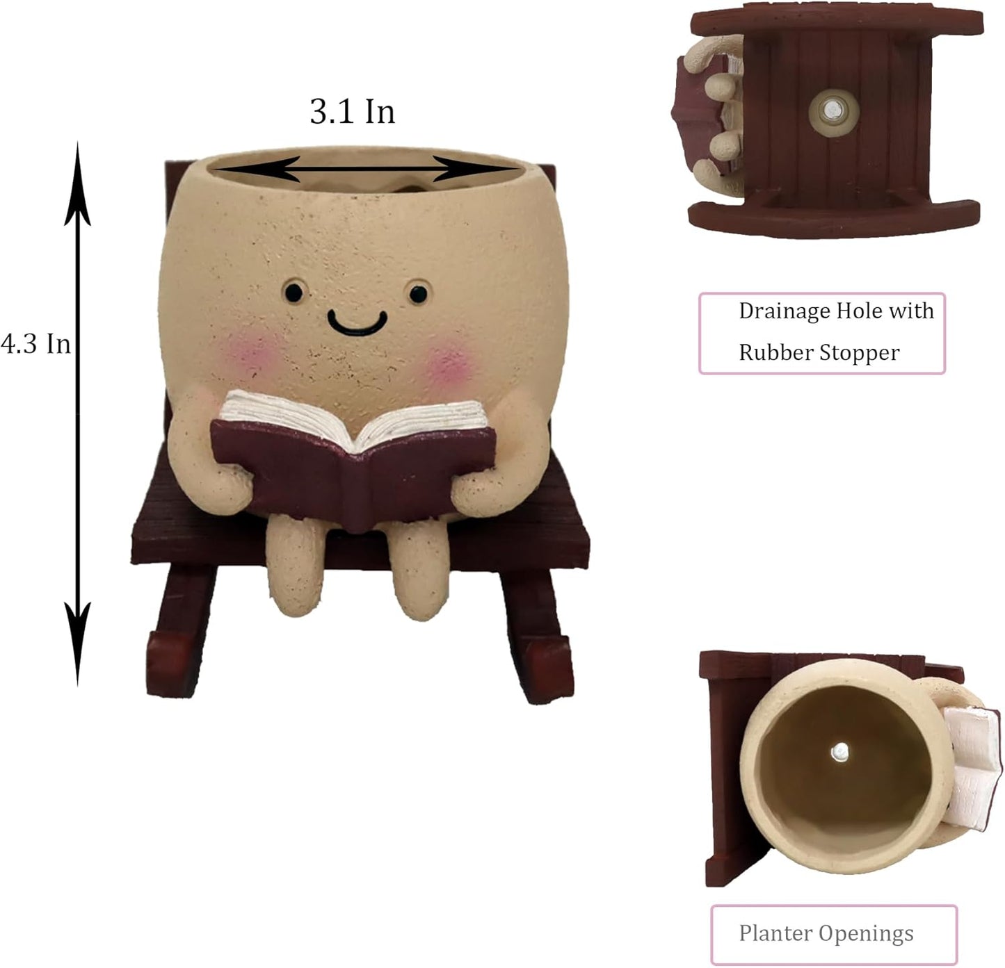 Cute Face Planters Succulent Pots, Funny Rocking Chair Reading Head Flower Planter Cactus Pot with Drainage Hole for Indoor Outdoor Plants, Unique Plant Lover Gifts