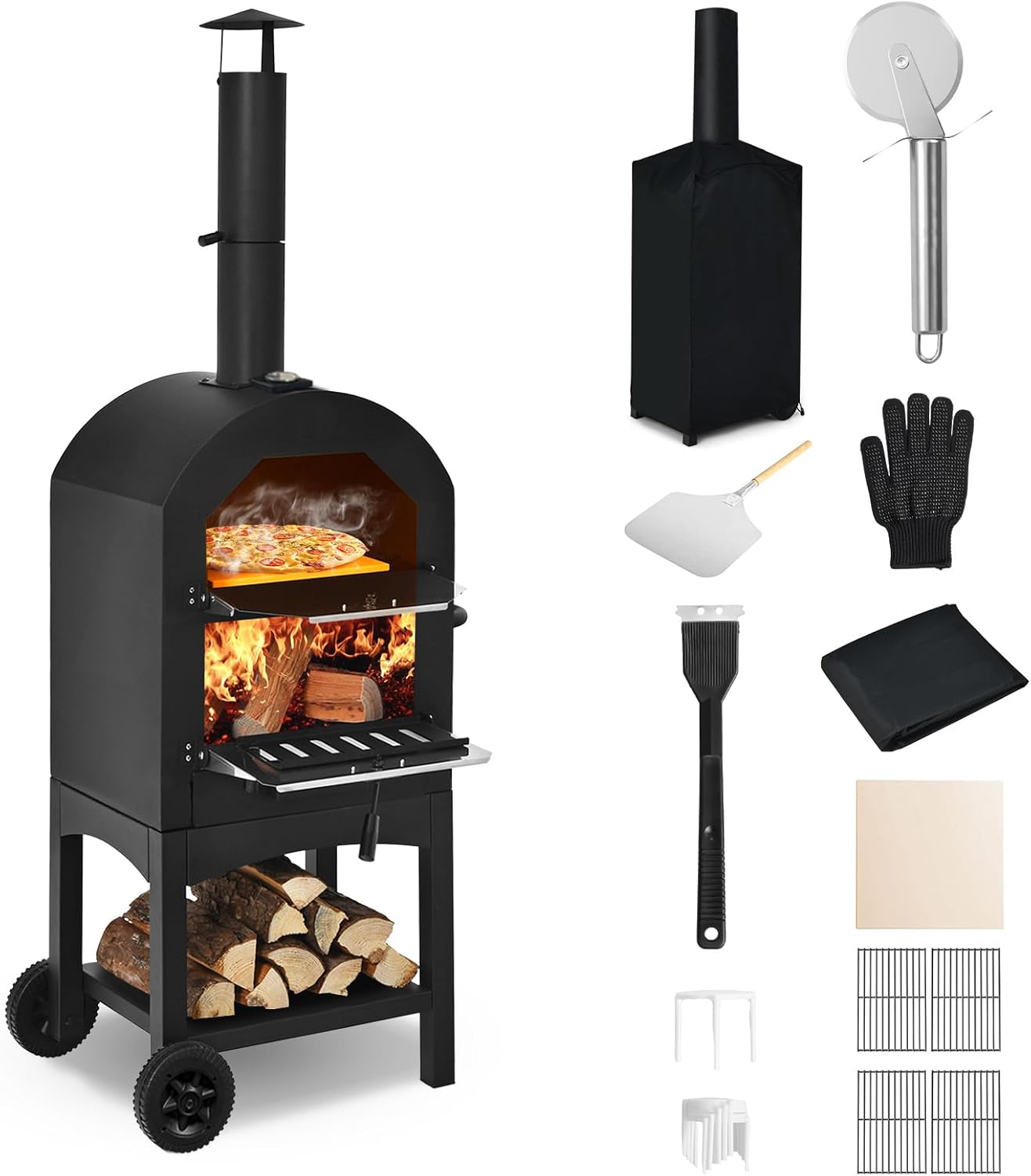 Happygrill Outdoor Pizza Oven Wood Fired, Portable Pizza Maker Grill w/Stone, Peel, Cooking Grids, Built-in Thermometer, Waterproof Cover, Wheels for Barbecue Backyard Camping