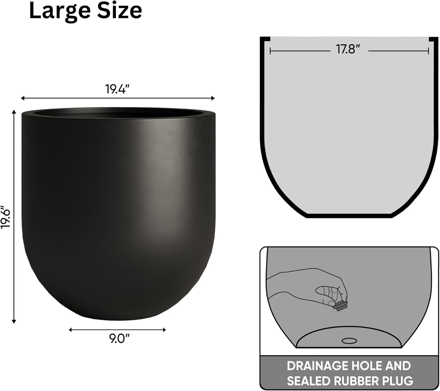 DTY Signature Mount Antero Lightweight and Durable Modern Fiberstone Bullet Shaped Planter Indoor & Outdoor Drainage Hole & Rubber Plug Weather Resistant, 20" H x 20" Dia, 16.9" Opening - Large, Black