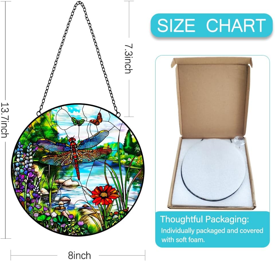 Dragonfly Suncatcher Stained Glass Window Hanging - 8″ Handmade Stained Glass Suncatchers for Windows Hanging - Sun Catchers Indoor Wall Art Catcher for Home Garden Decor -Birthday Gift for Women Men