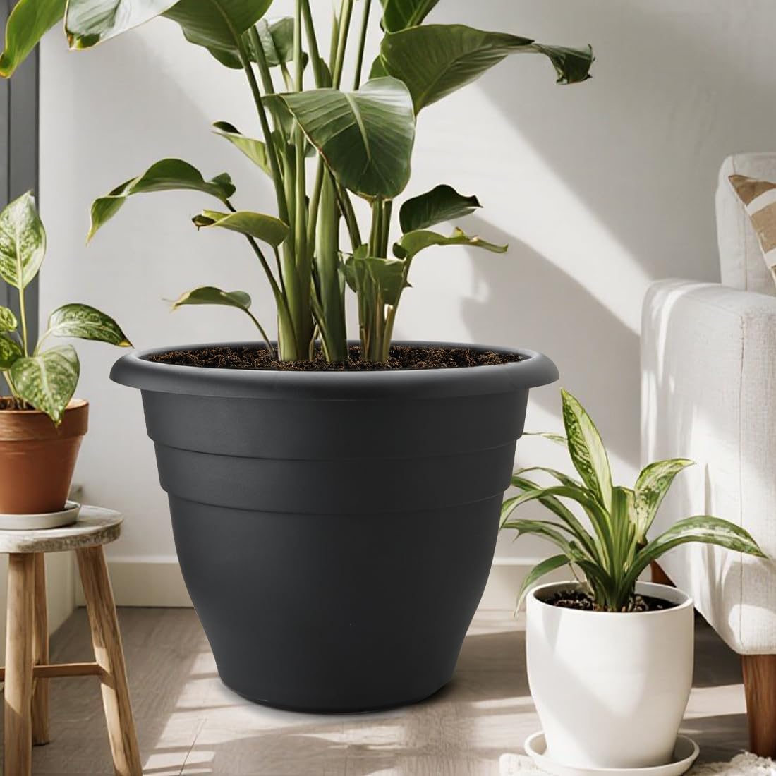 3-Pack 20 Inch Large Plastic Plant Pots for Outdoor, Heavy Duty Extra Large Deep Garden Planter with Drainage Holes, Sturdy Textured Black Flower Pot for Trees, Shrubs, Patio, Lawn