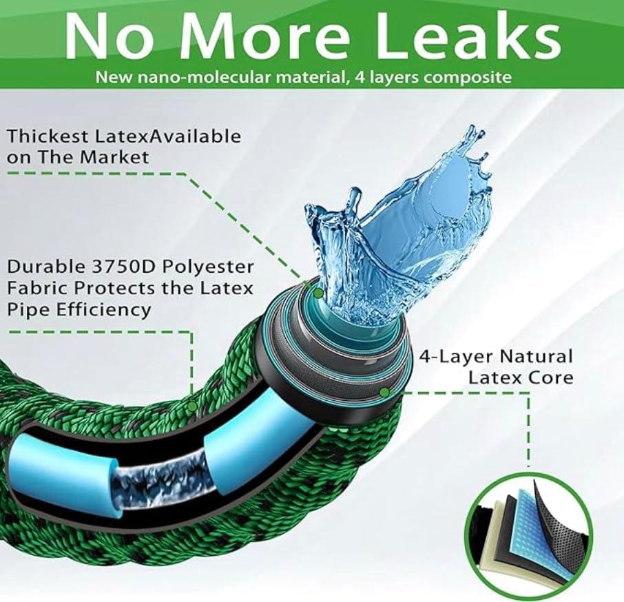 J&B XpandaHose 100ft Expandable Garden Hose with Holder - Heavy Duty Superior Strength 3750D - 4 -Layer Latex Core - Extra Strong Brass Connectors and 10 Spray Nozzle w/Storage Bag (Green 100)