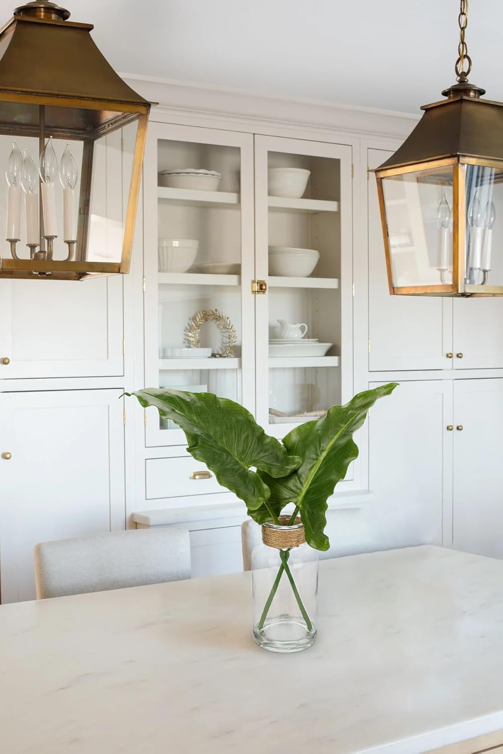 Faux Greenery Stems in Glass Vase with Faux Water, Silk Alocasia Realistic Fake Plants Artificial Tropical Leaves for Home Office Farmhouse Wedding Centerpiece Décor