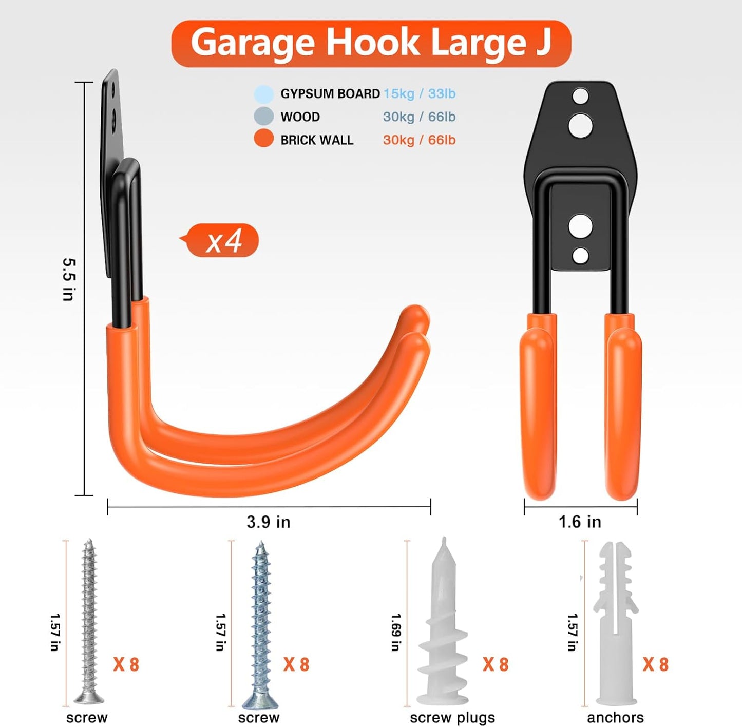Heavy Duty Garage Hooks 4 Pack, J Shaped Hanger, Wall Mounted Storage System, Power and Garden Tool Organizer, for Hanging Ladders, Bikes Tires, Hose, Bulk Items