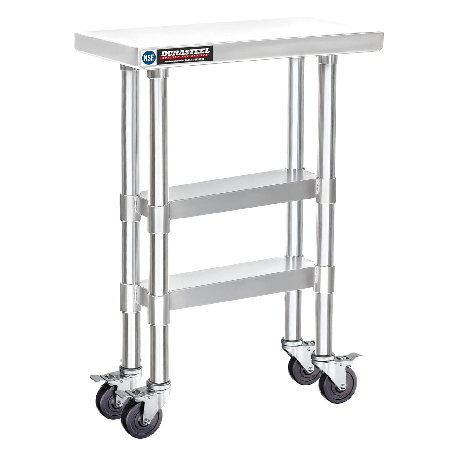 DuraSteel Stainless Steel Work Table 24" x 12" x 34" Height w/ 4 Caster Wheels - Food Prep Commercial Grade Worktable - NSF Certified - Good for Restaurant, Business, Warehouse, Home, Kitchen, Garage