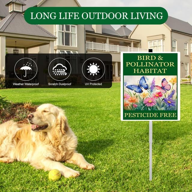 Bird and Pollinator Habitat Pesticide Free Yard Sign With Stakes 7x9.8 inches Rustproof Reflective Aluminum Pollinator Friendly Garden Sign Stand Butterfly Outdoor Decor