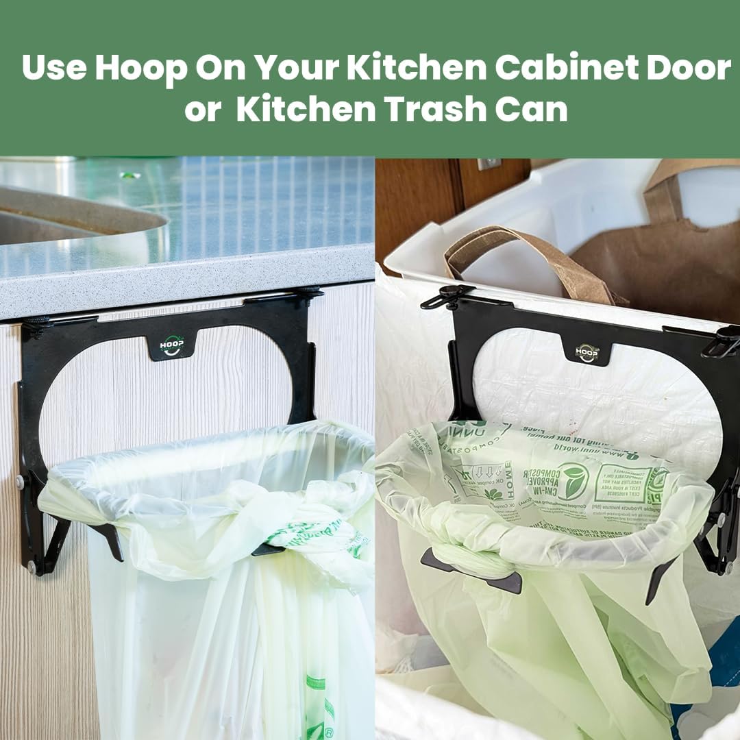 Hoop Metal Compost Bag Holder + 25 Compost Bags 3 Gallon, Clips to Kitchen Trash Can, Kitchen Cabinet Door, Replaces Countertop Compost Bin, Hanging Trash Can.