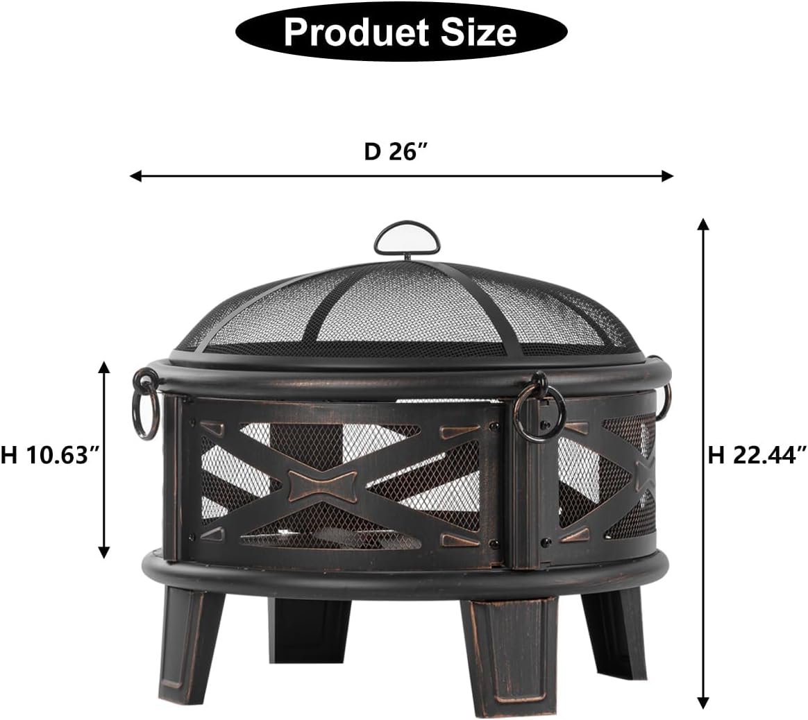 Breezz 26 Inch Wood Burning Fire Pit with Cooking Grill and Spark Screen, Outdoor Metal Round Firepit for Patio, Backyard, Bonfire Party, Camping