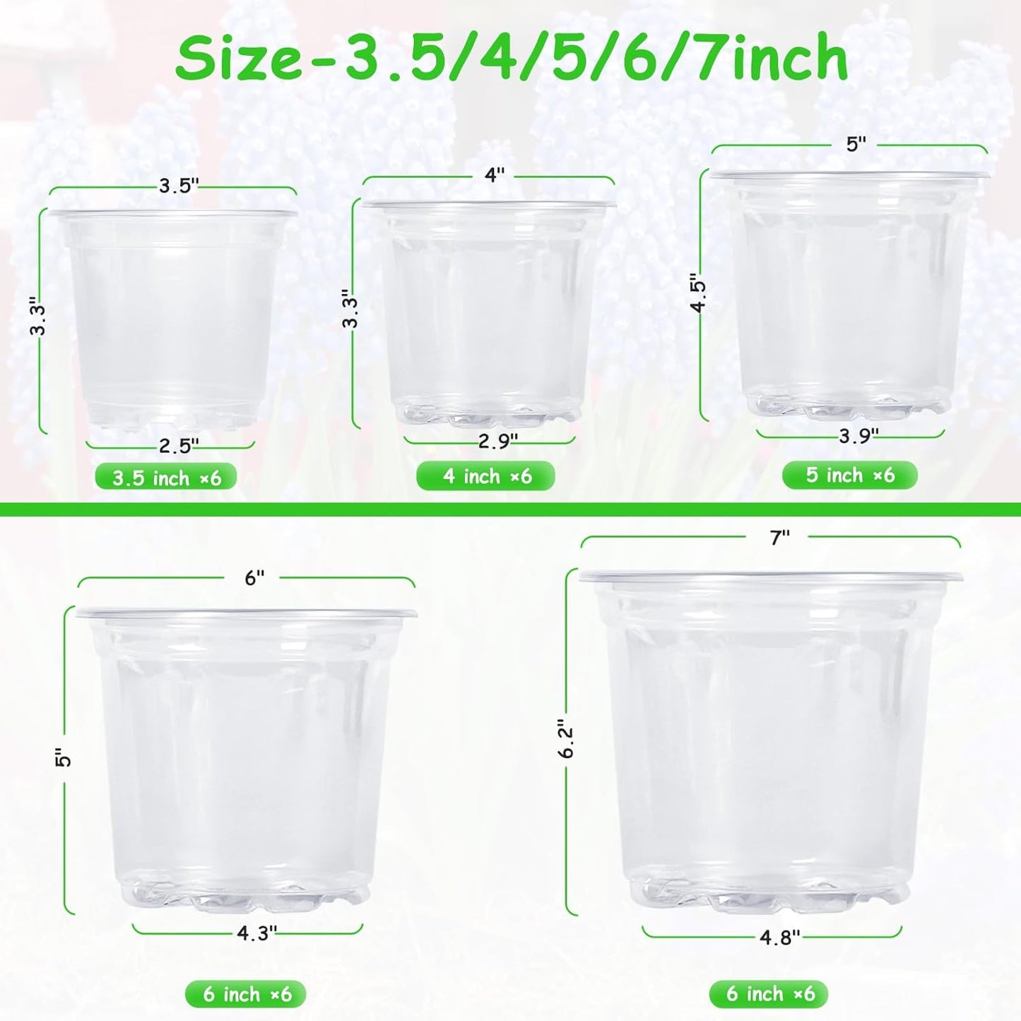30 Pack 3.5/4/5/6/7 Inch Clear Nursery Pots with Drainage Holes, Transparent Plastic Pots for Plants, Reinforced Seed Starter Pots Flower Pots