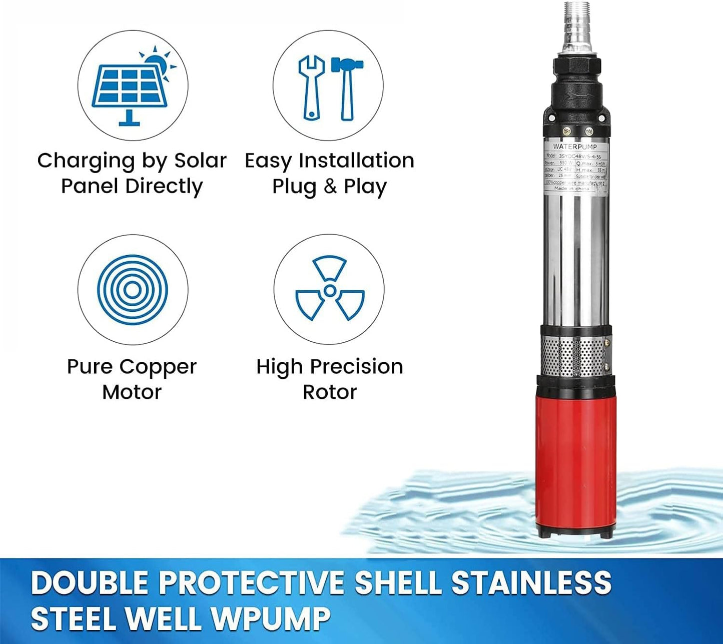 Deep Well Pump 3Inch Tube 24V DC Solar Submersible Well Pump Stainless Steel Water Pump for Well Submersible 1"Outlet Submersible Deep Water Pump 300W for Home Garden Pool Agricultural Irrigation