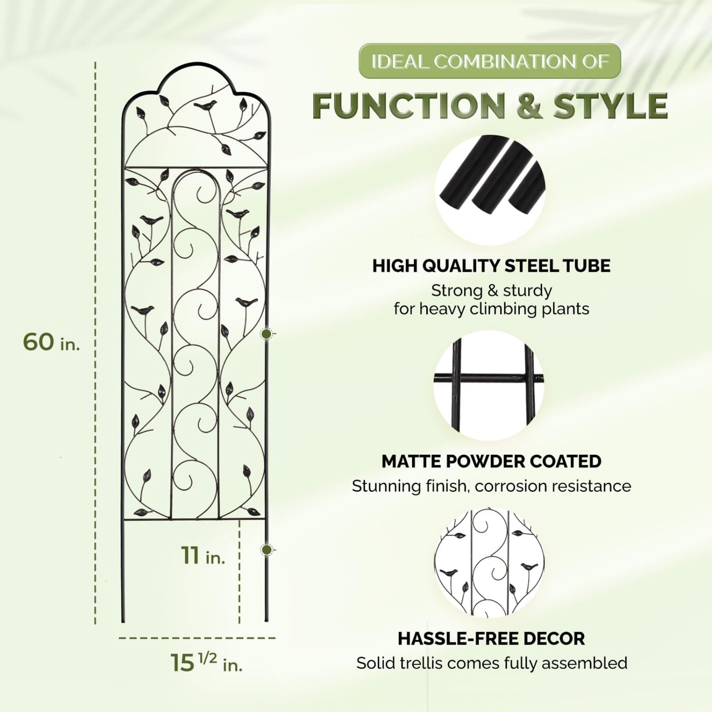 Idzo Decorative Metal Trellis for Climbing Plants Outdoor, Anti-Corrosion Powder Coated Garden Trellis, Sturdy Long Spikes, 60 Inch