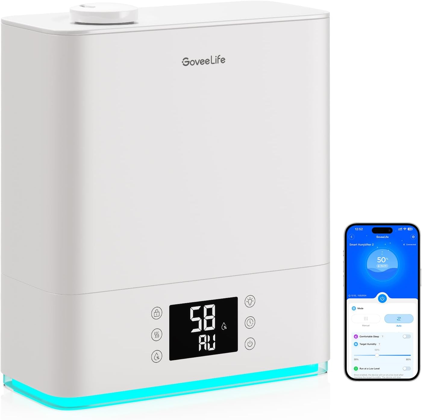 GoveeLife Smart Humidifiers for Bedroom Large Room, Top-Fill Cool Mist 6L WiFi Air Humidifier, Auto Mode, App & Voice Control, 60H Runtime, Rapid Humidification, RGB Nightlight Baby Plants, White