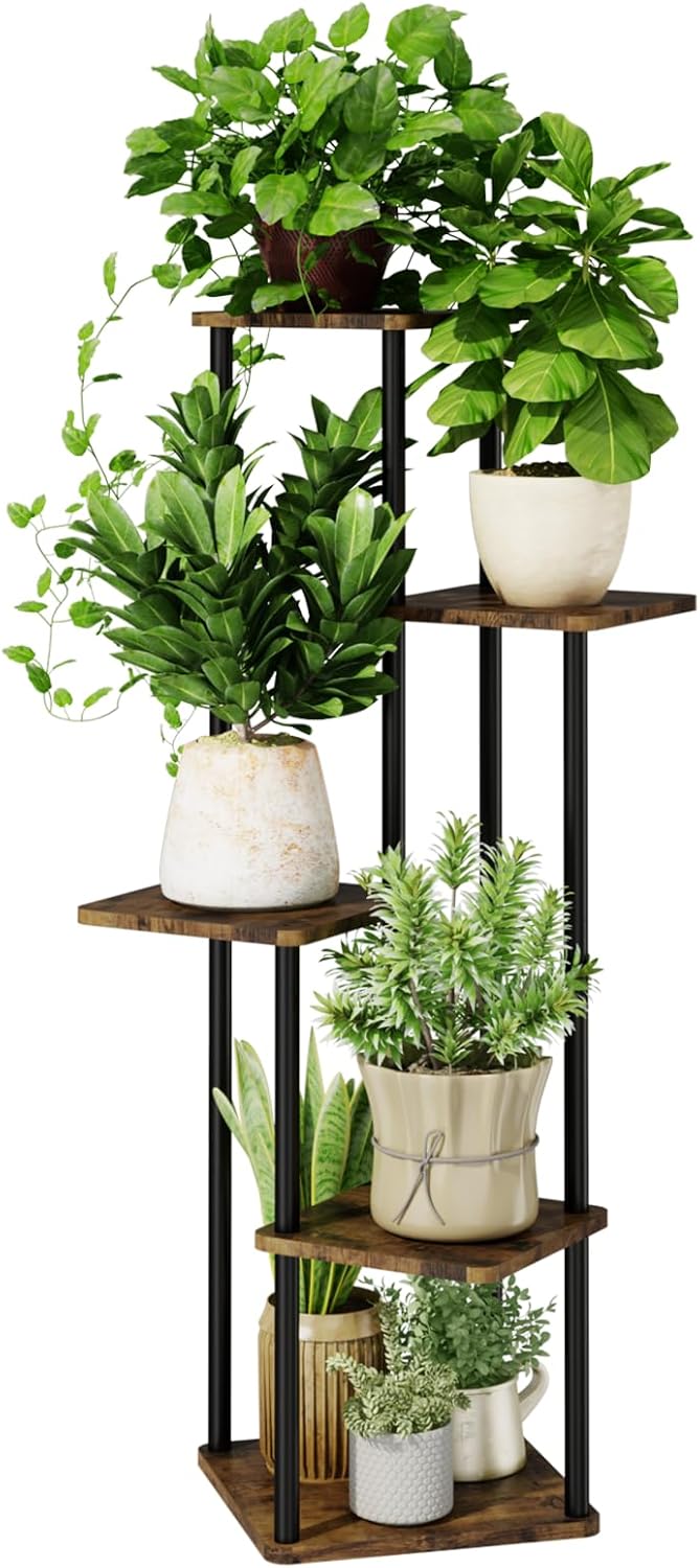 5 Tiered Plant Stand Indoor Corner Plant Shelf for Multiple Plants for Patio Garden Balcony Living Room Bedroom, Tall Metal Flower Pots Stand Relaxing for Women Gift Brown Oak