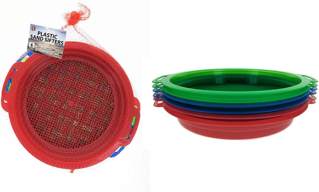 SE 6-Piece Set of 8.5" Plastic Sand Sifting Pans in a Mesh Bag, with 36 Holes Per Inch, in Red, Blue, and Green Colors