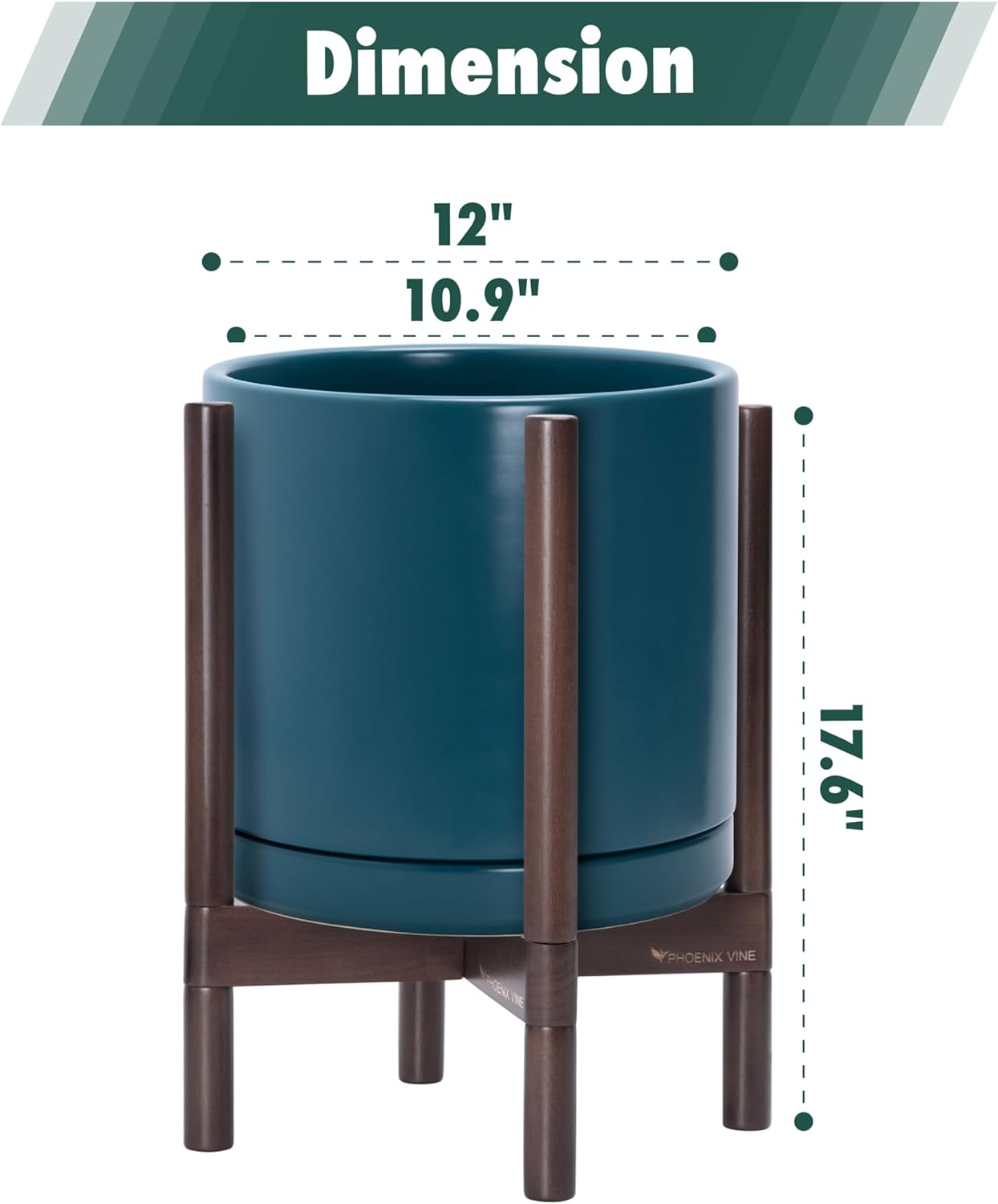 D'vine Dev Ceramic Planter with Walnut Color Stand - 12 Inch Modern Round Flower Pot with Wood Planter Holder, Teal, 55-B-W-4