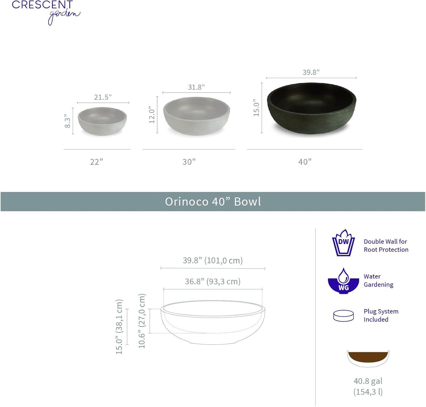 Crescent Garden Extra Large Outdoor Planter Bowl with Drain Hole for Water Gardens, Fountain, Landscaping - 40" W x 15" H (Caviar Black)