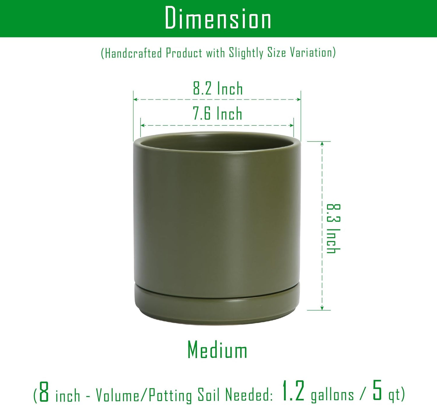 D'vine Dev Set of 2 Plants Pots, 8.2 Inch Ceramic Planter Pot for Plants with Drainage Hole and Saucer, Olive, 94-V-D-J