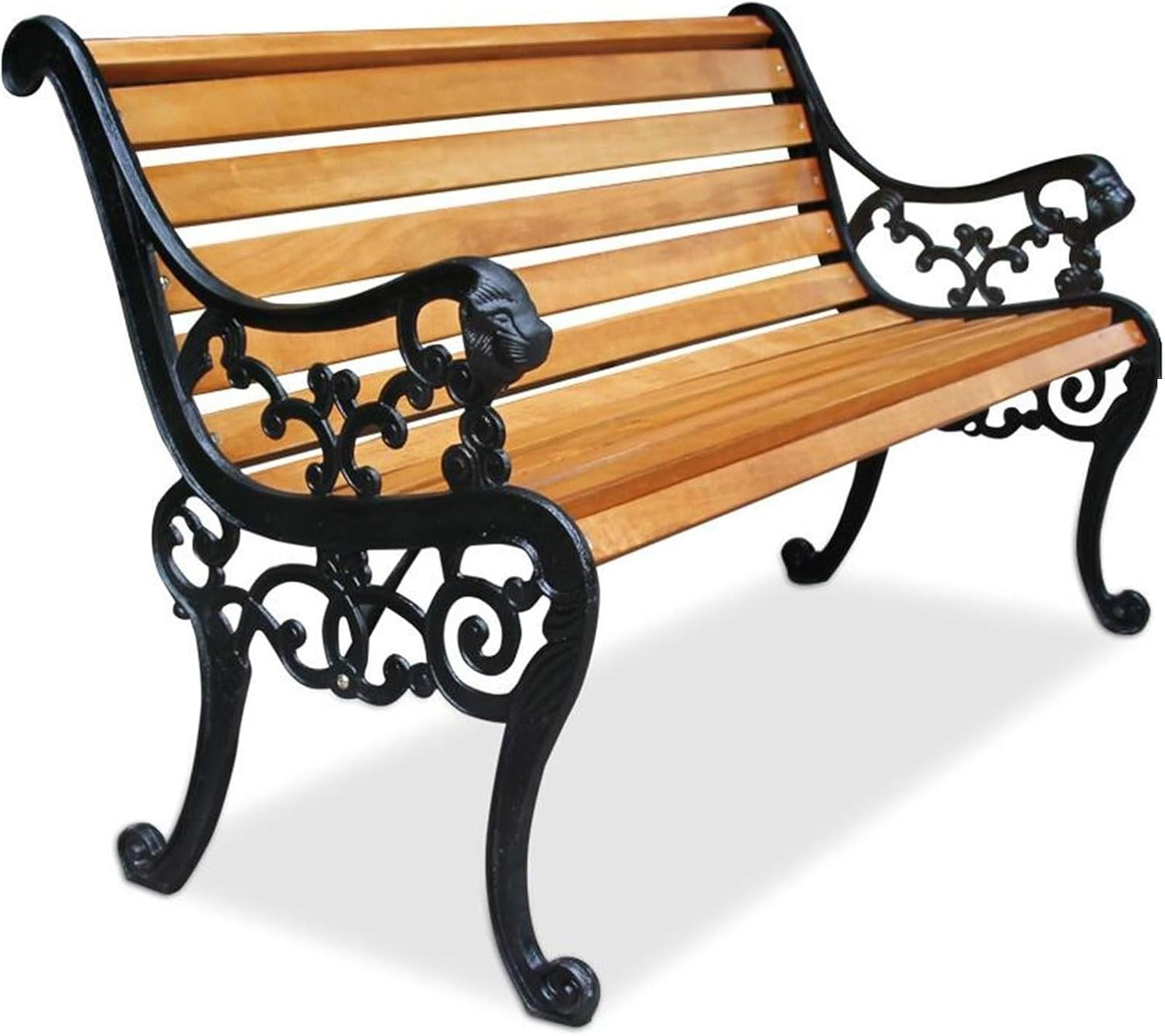 Garden Bench Outdoor Bar Hotel Patio Bench, Cast Iron Metal Frame Preservative Wood Patio Park Bench with Backrest and Armrests, for Porch, Lawn, Garden, Yard(Teak+Black Legs)