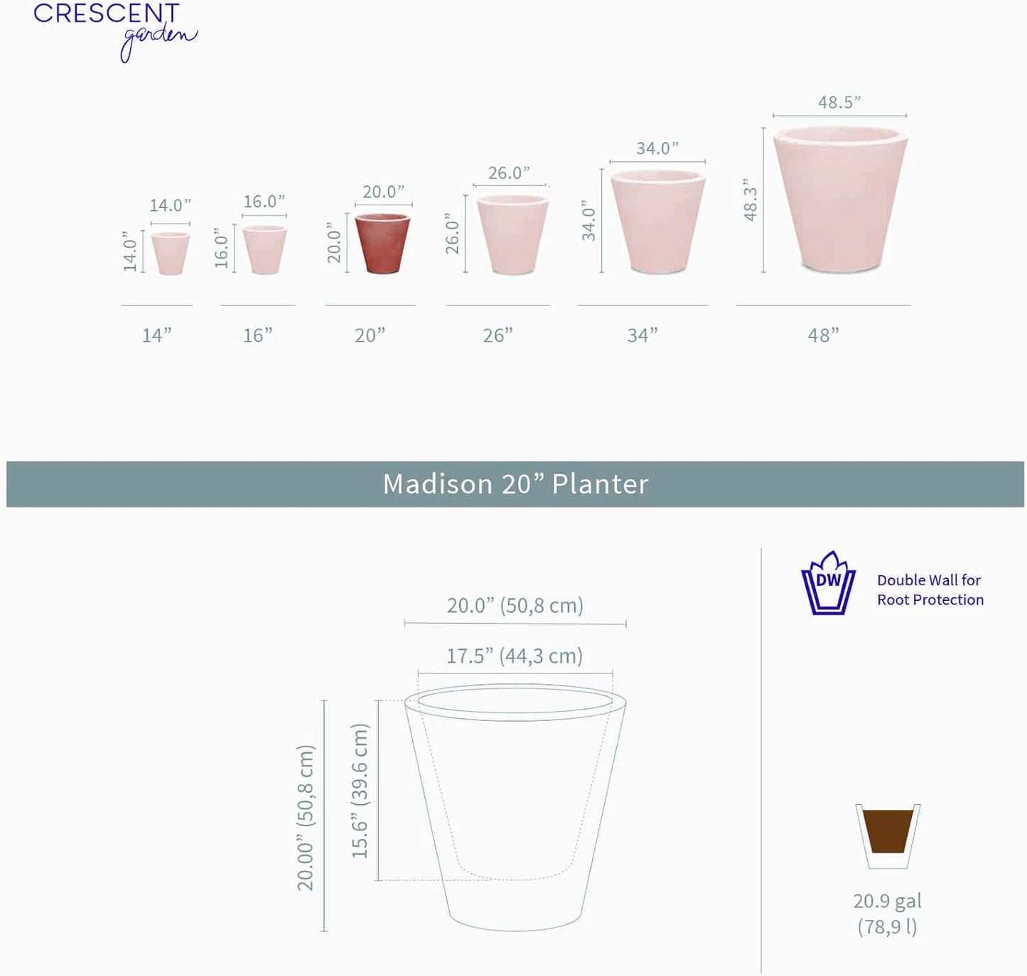 Crescent Garden Madison Planter– Weather-Resistant, Double Walled Indoor/Outdoor Plant Pot with Drain Hole – Durable All-Season Flower Container, 20" W (Bark)