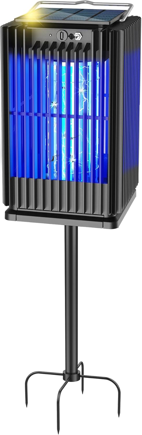 Solar Bug Zapper Outdoor Waterproof, Solar Mosquito Zapper Outdoor with Ground Bracket, Cordless Fly Zapper with Illuminated Light, 5000mAh Rechargeable Mosquito Killer