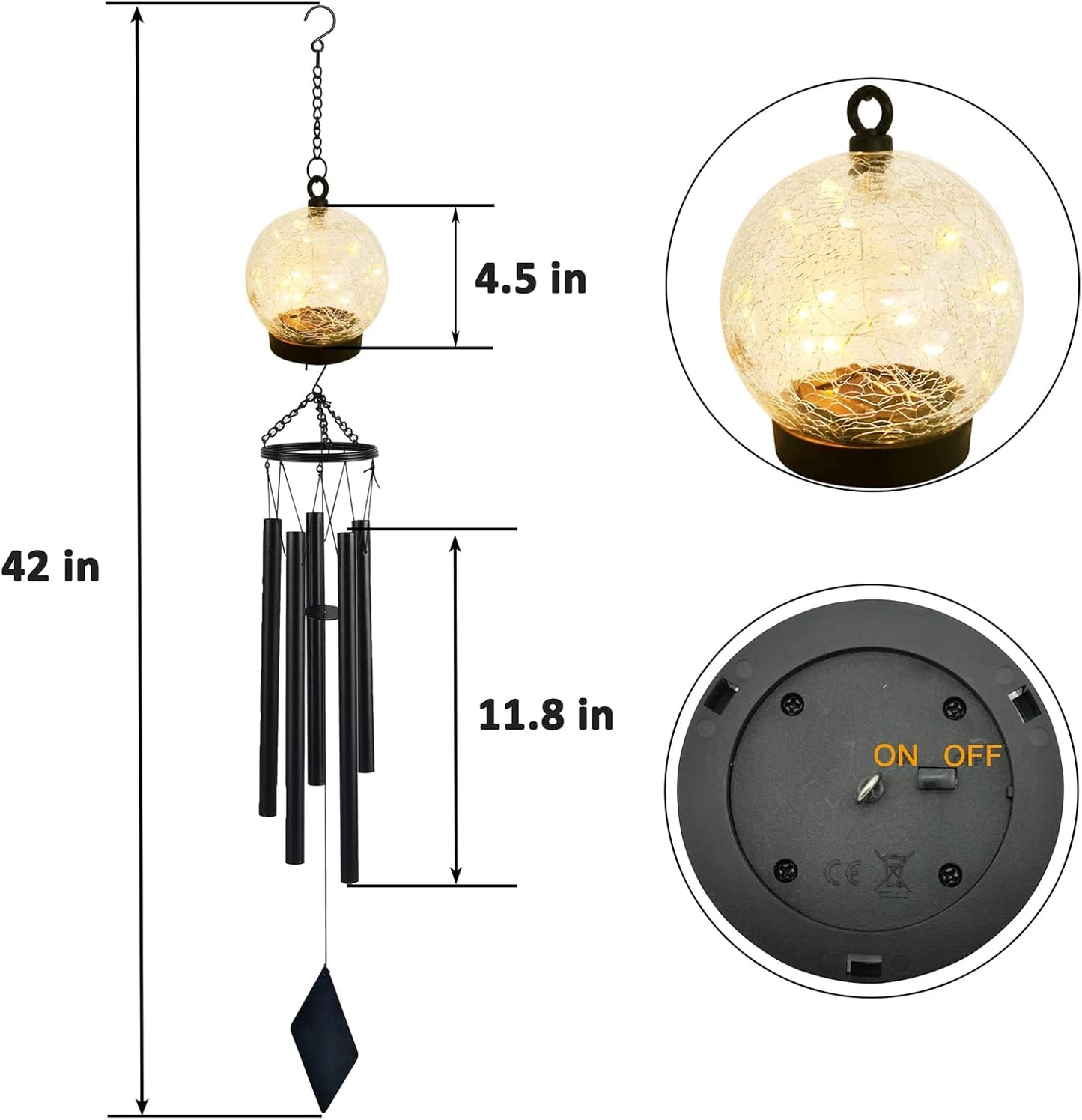 Wind Chimes Outdoor Solar Lights, 42 Inch Large Sympathy Chime 15 LED Twinkle Warm White Crackled Glass Sphere Ball Hanging Lantern Birthday Gifts for Decorative in Garden, Yard, Patio, Landscape